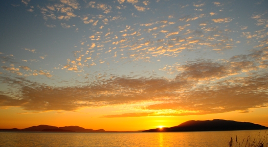 Sunset over Orcas Island (left) and Lummi Island (right)